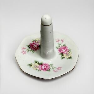 Vintage Porcelain Ring Holder Trinket Dish Pink & Yellow Flowers & Gold Trim